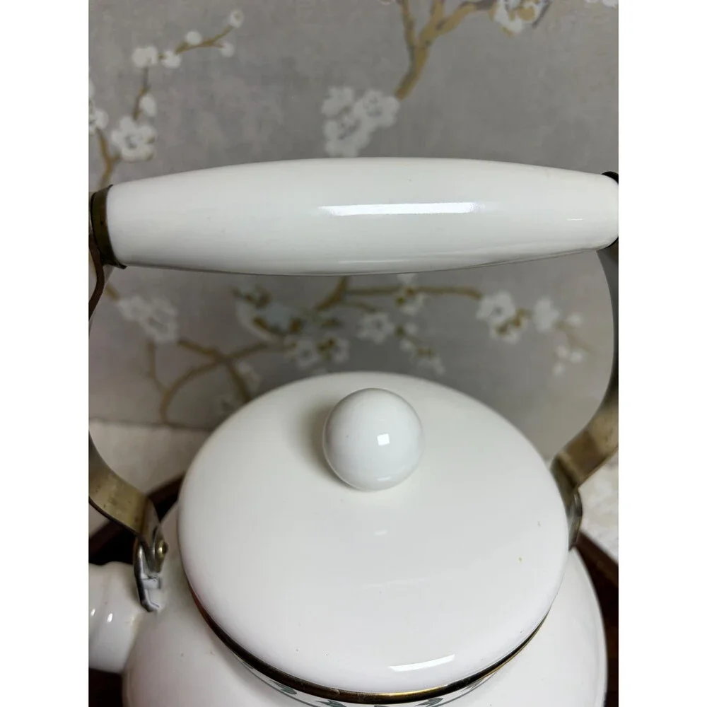Vintage M Kamenstein Floral Enamel Teakettle White Brass Handle Tea Pot 1983